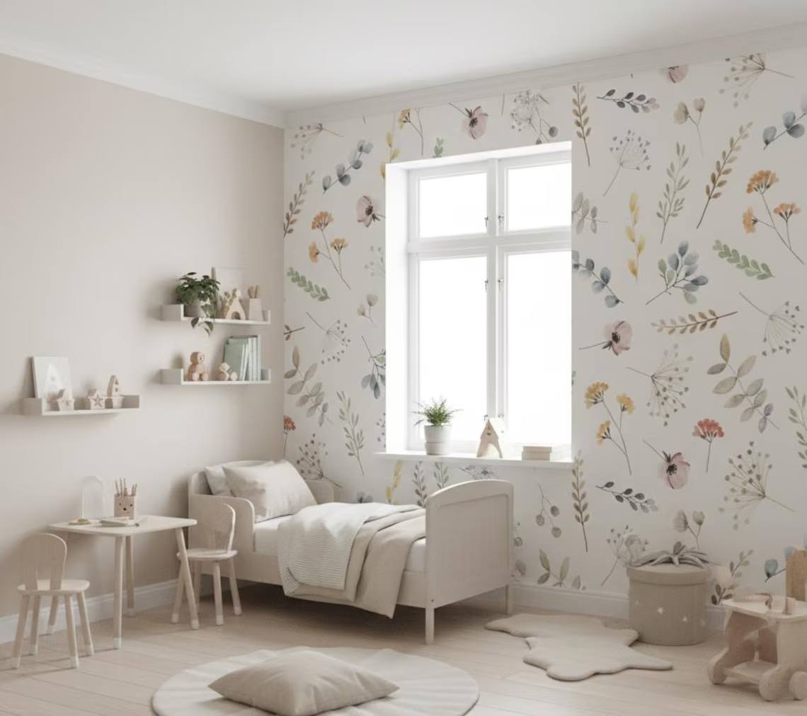 Minimal Watercolor Floral Wallpaper For Kids Room Soft Flower And Leaf Pattern Nursery Wall Art Peel And Stick Floral Wallpaper