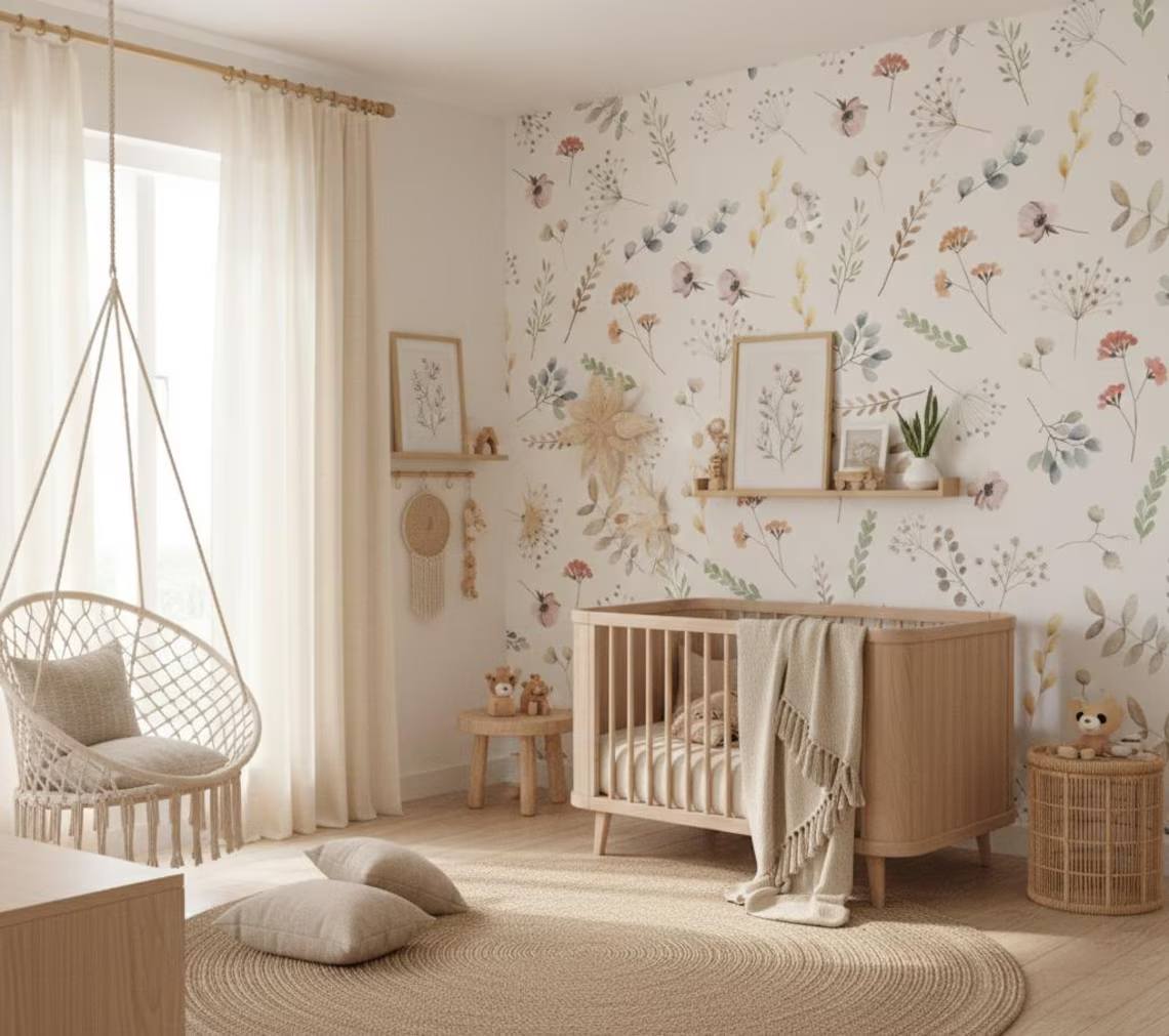 Minimal Watercolor Floral Wallpaper For Kids Room Soft Flower And Leaf Pattern Nursery Wall Art Peel And Stick Floral Wallpaper
