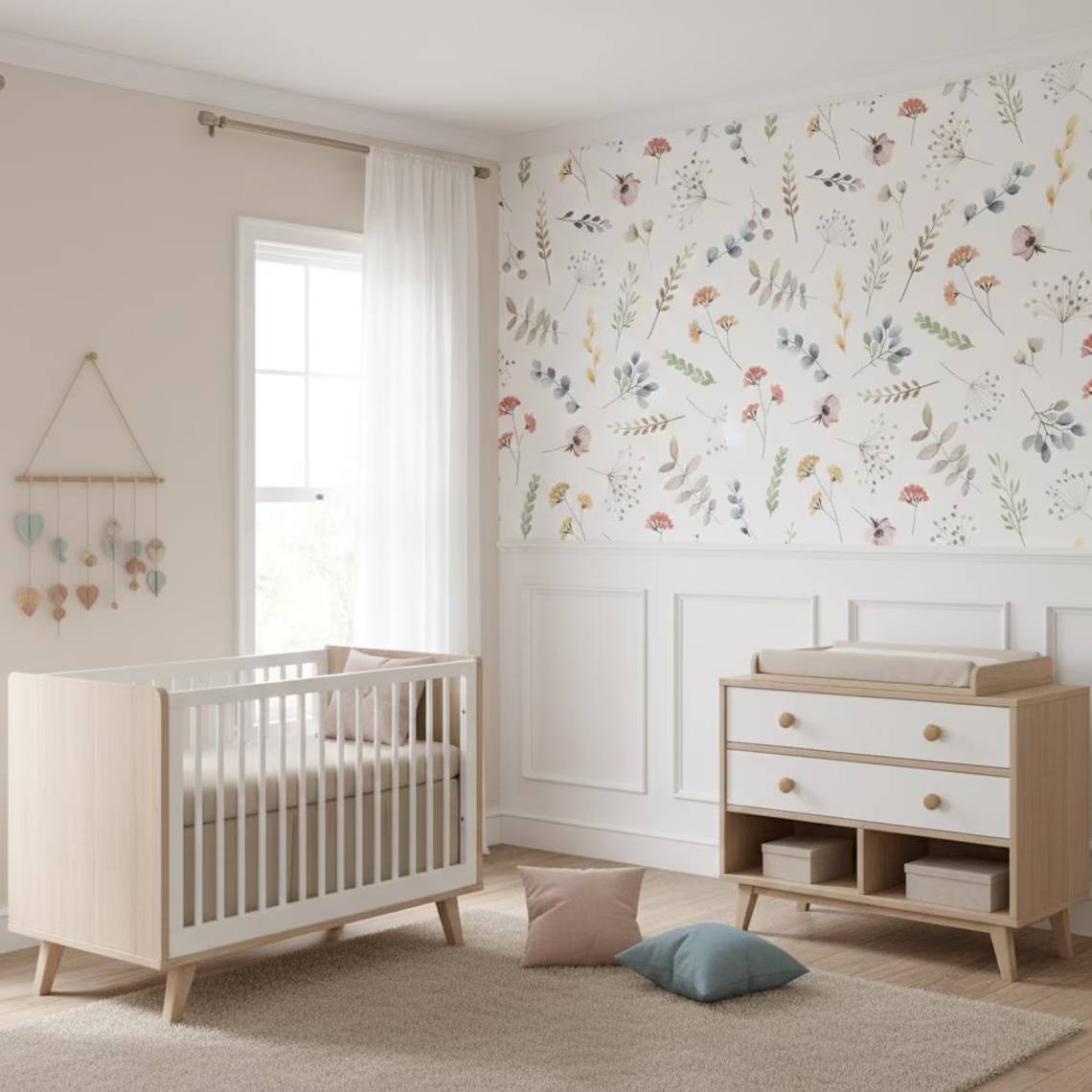 Minimal Watercolor Floral Wallpaper For Kids Room Soft Flower And Leaf Pattern Nursery Wall Art Peel And Stick Floral Wallpaper