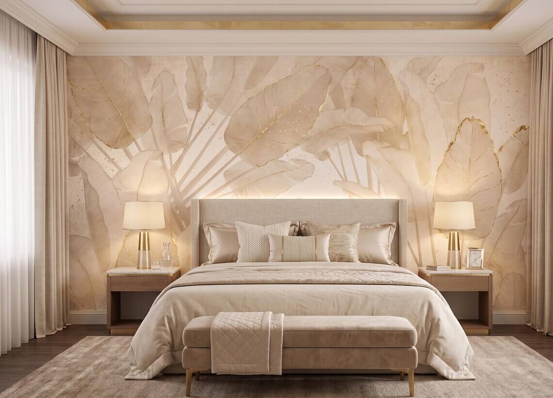 Neutral Beige Botanical Wallpaper Gold Leaf Wall Mural Japandi Style Peel And Stick