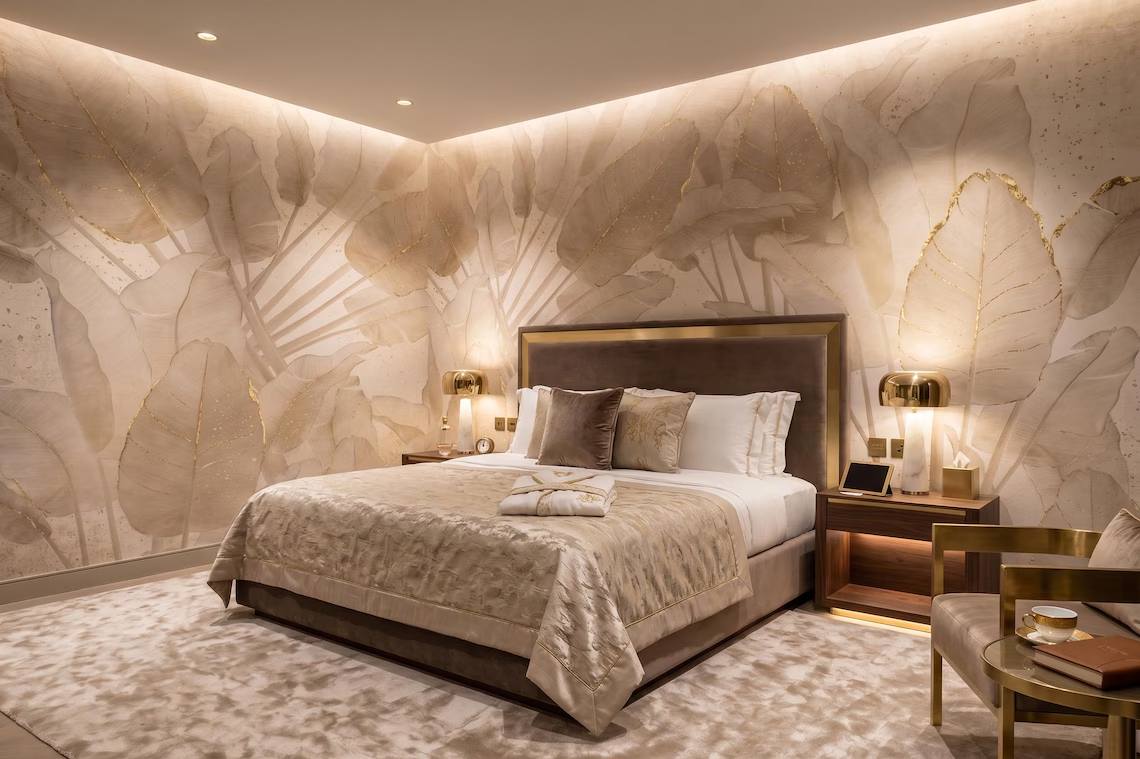 Neutral Beige Botanical Wallpaper Gold Leaf Wall Mural Japandi Style Peel And Stick