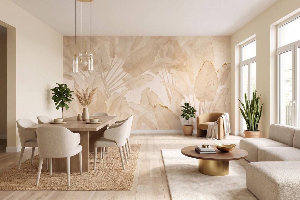 Neutral Beige Botanical Wallpaper Gold Leaf Wall Mural Japandi Style Peel And Stick