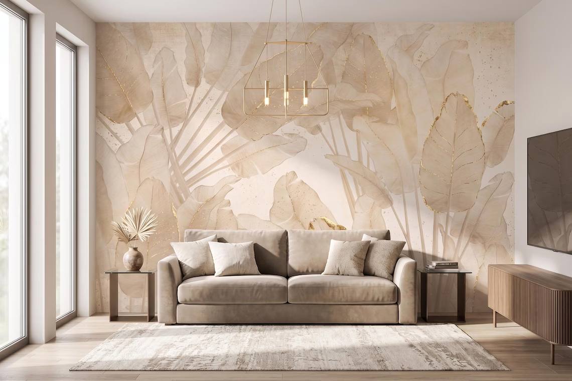 Neutral Beige Botanical Wallpaper Gold Leaf Wall Mural Japandi Style Peel And Stick