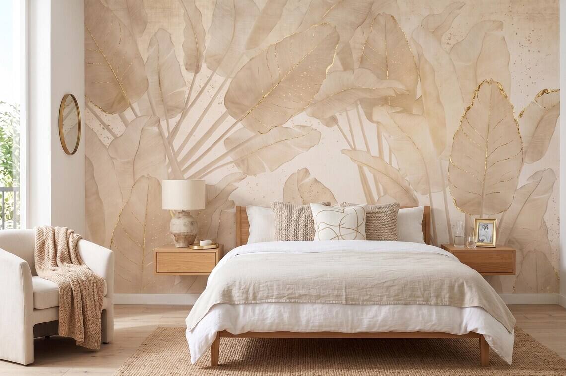 Neutral Beige Botanical Wallpaper Gold Leaf Wall Mural Japandi Style Peel And Stick