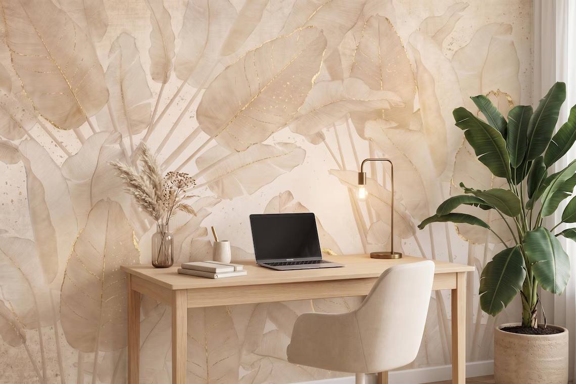 Neutral Beige Botanical Wallpaper Gold Leaf Wall Mural Japandi Style Peel And Stick