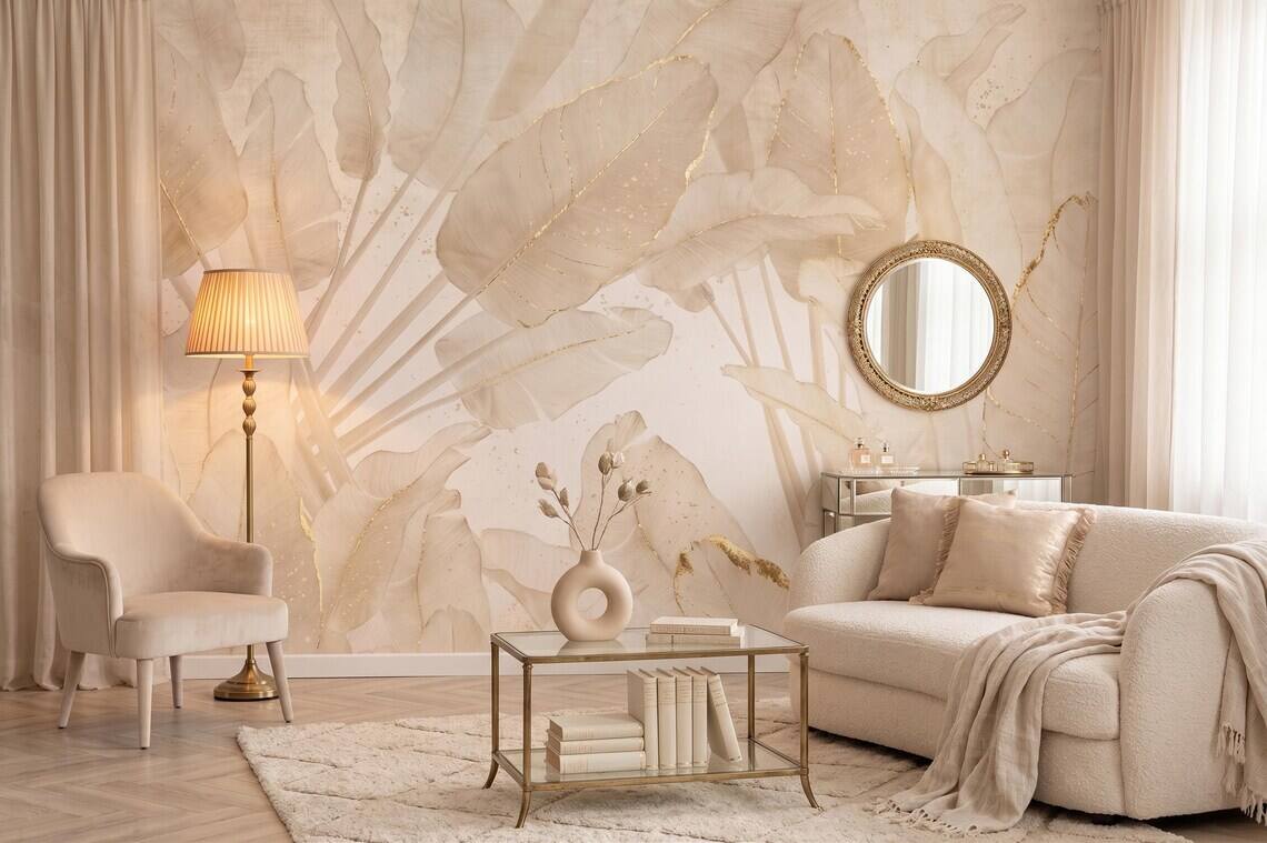 Neutral Beige Botanical Wallpaper Gold Leaf Wall Mural Japandi Style Peel And Stick
