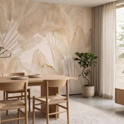 Neutral Beige Botanical Wallpaper Gold Leaf Wall Mural Japandi Style Peel And Stick