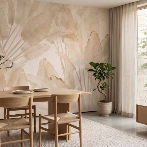 Neutral Beige Botanical Wallpaper Gold Leaf Wall Mural Japandi Style Peel And Stick
