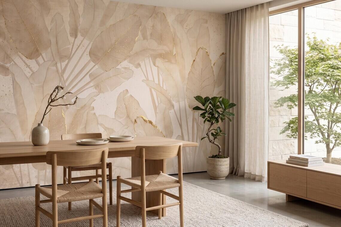 Neutral Beige Botanical Wallpaper Gold Leaf Wall Mural Japandi Style Peel And Stick