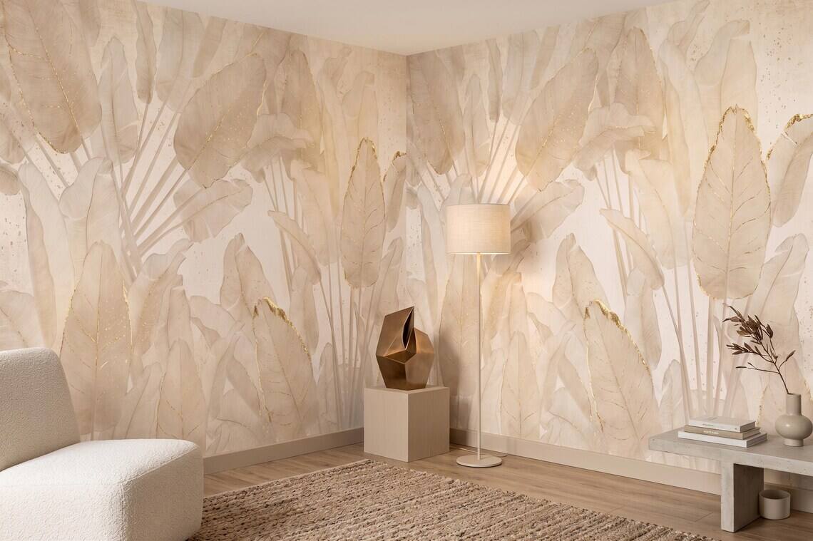 Neutral Beige Botanical Wallpaper Gold Leaf Wall Mural Japandi Style Peel And Stick