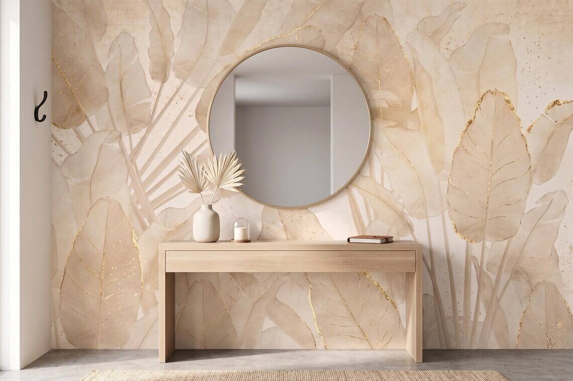 Neutral Beige Botanical Wallpaper Gold Leaf Wall Mural Japandi Style Peel And Stick