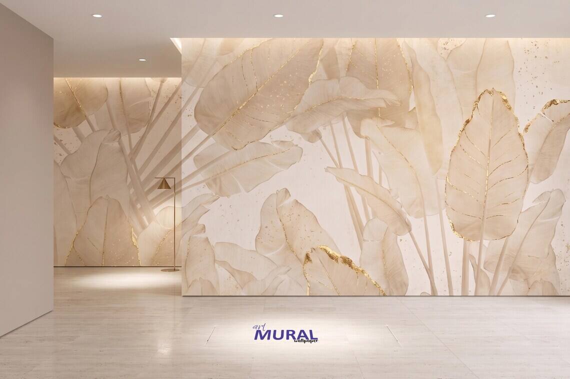 Neutral Beige Botanical Wallpaper Gold Leaf Wall Mural Japandi Style Peel And Stick