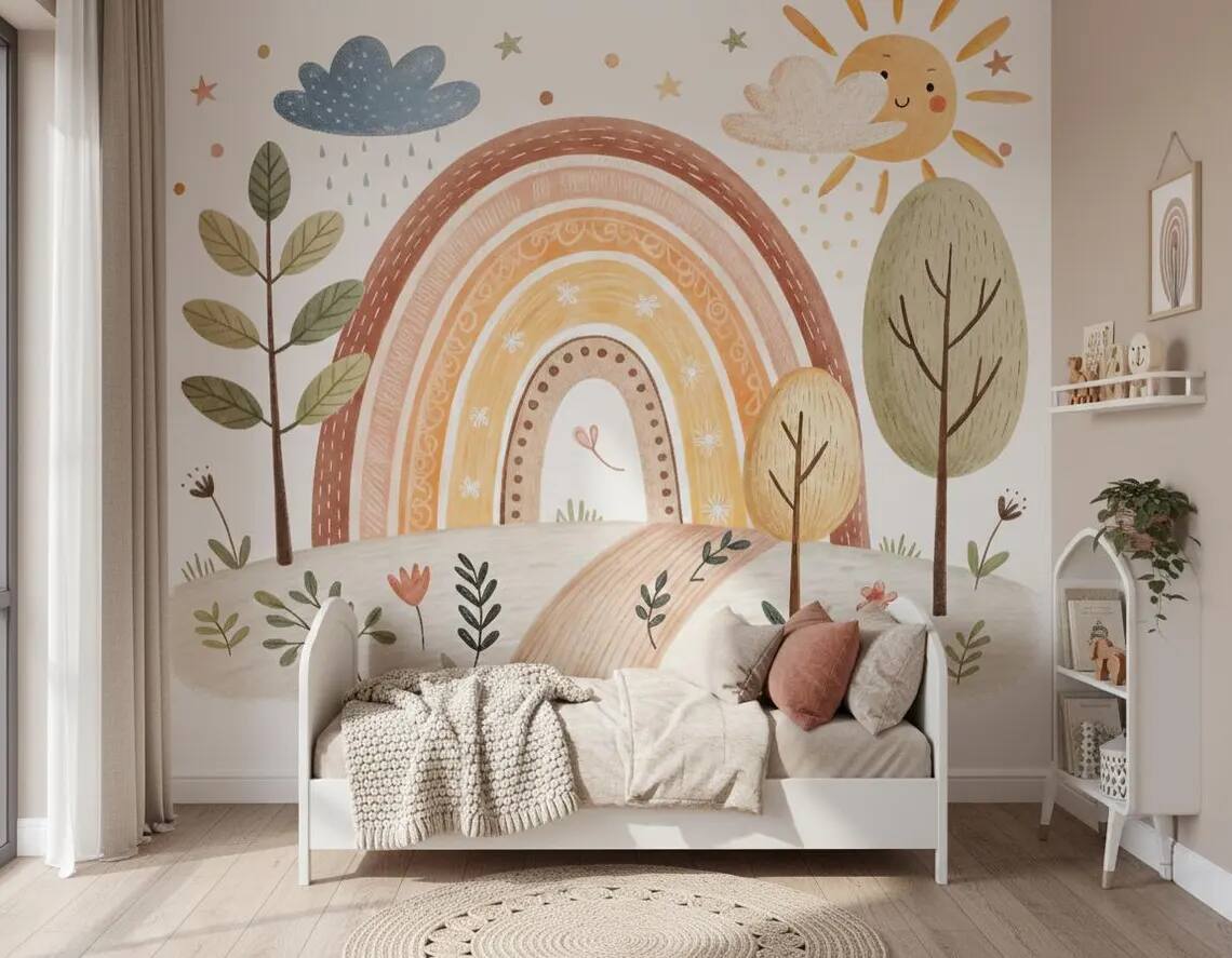 Neutral Boho Rainbow Wallpaper Mural Kids Nursery Decor Peel And Stick