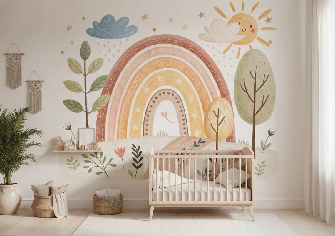 Neutral Boho Rainbow Wallpaper Mural Kids Nursery Decor Peel And Stick