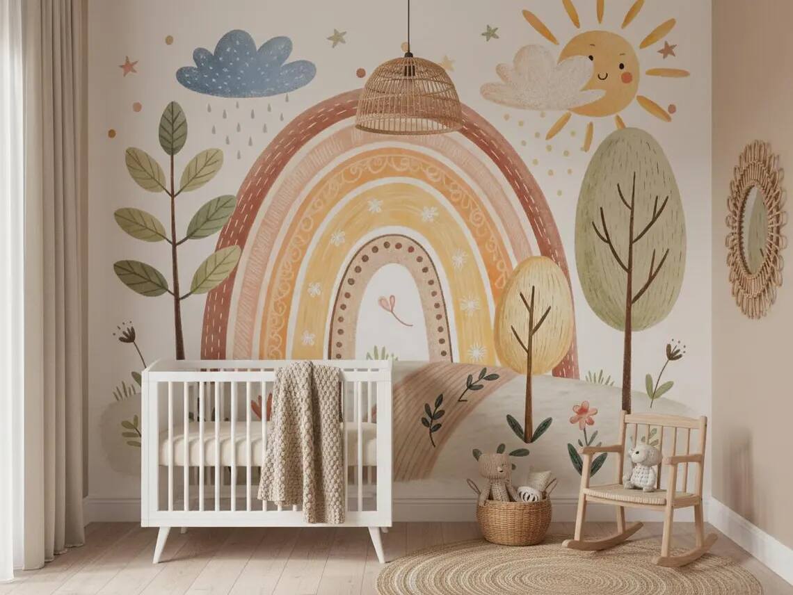 Neutral Boho Rainbow Wallpaper Mural Kids Nursery Decor Peel And Stick