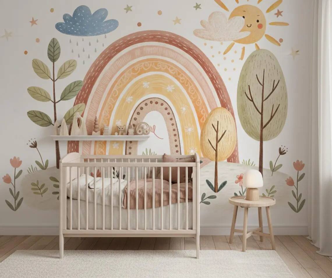 Neutral Boho Rainbow Wallpaper Mural Kids Nursery Decor Peel And Stick
