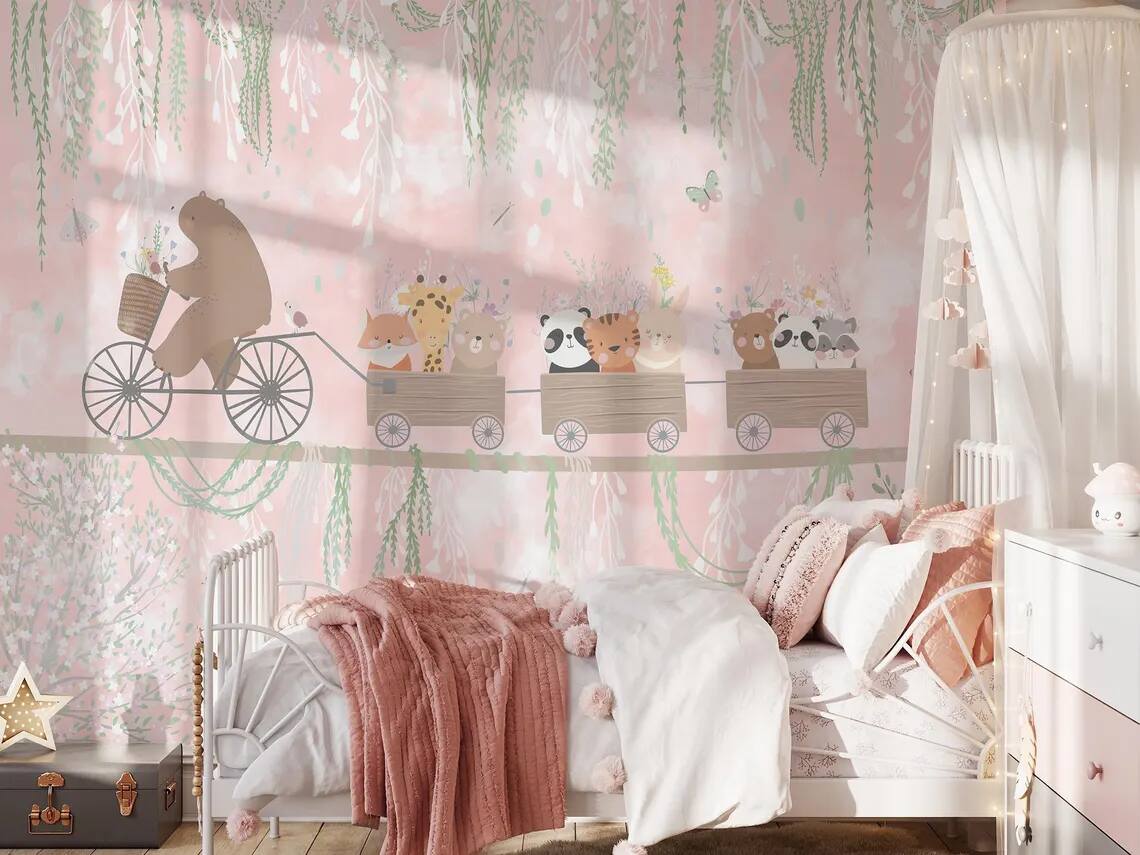 Nursery Kids Room Peel Stick Wallpaper Teddy Bear Cycling On Rope And Cute Animals In Wagon Soft Colors Vines Flowers Butterflies And Bird