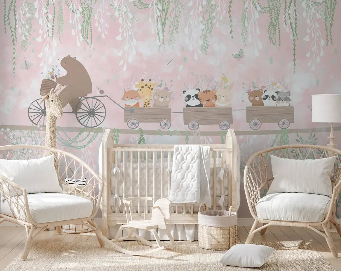 Nursery Kids Room Peel Stick Wallpaper Teddy Bear Cycling On Rope And Cute Animals In Wagon Soft Colors Vines Flowers Butterflies And Bird