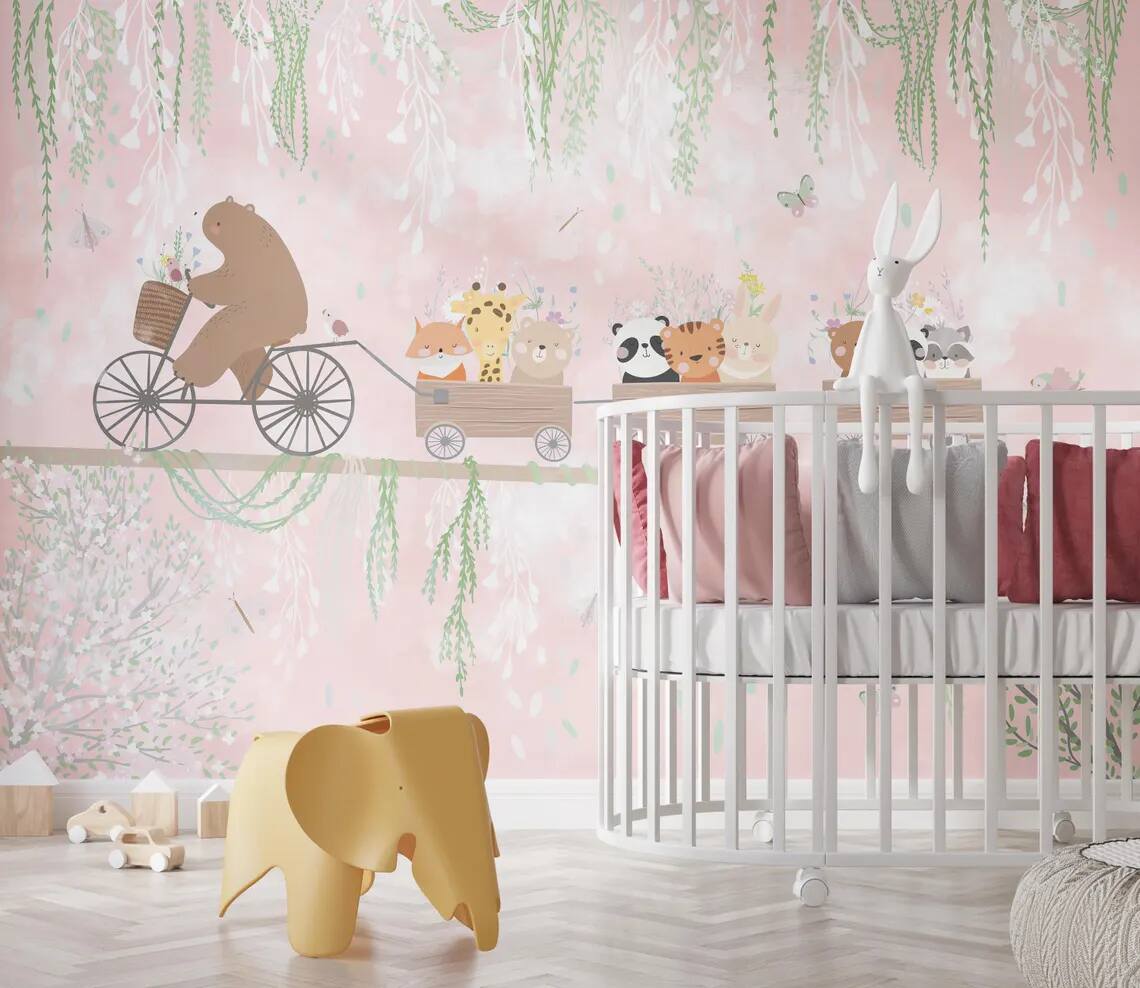 Nursery Kids Room Peel Stick Wallpaper Teddy Bear Cycling On Rope And Cute Animals In Wagon Soft Colors Vines Flowers Butterflies And Bird