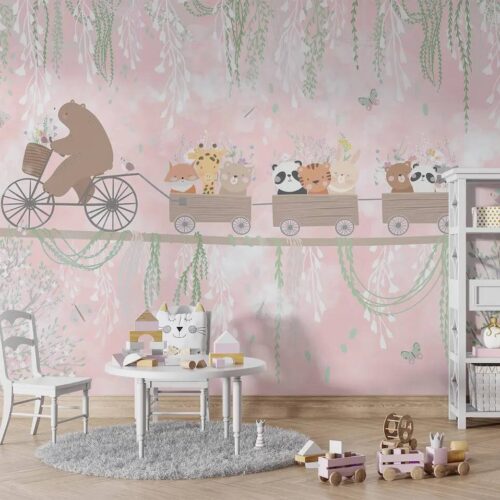 Nursery Kids Room Peel Stick Wallpaper Teddy Bear Cycling On Rope And Cute Animals In Wagon Soft Colors Vines Flowers Butterflies And Bird