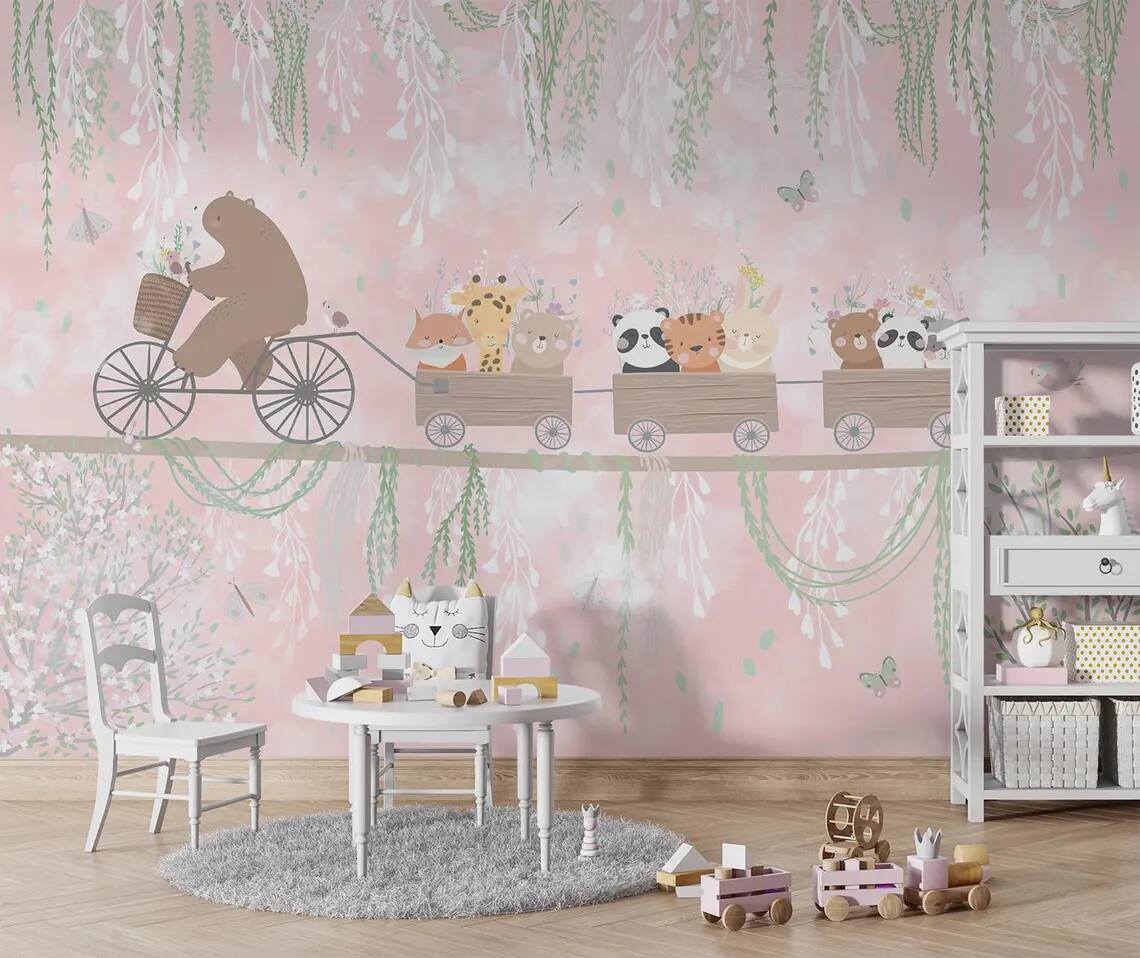 Nursery Kids Room Peel Stick Wallpaper Teddy Bear Cycling On Rope And Cute Animals In Wagon Soft Colors Vines Flowers Butterflies And Bird