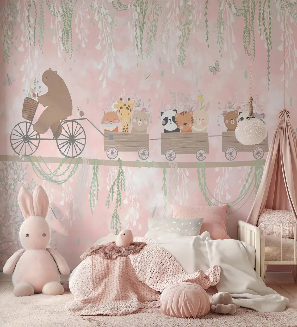 Nursery Kids Room Peel Stick Wallpaper Teddy Bear Cycling On Rope And Cute Animals In Wagon Soft Colors Vines Flowers Butterflies And Bird