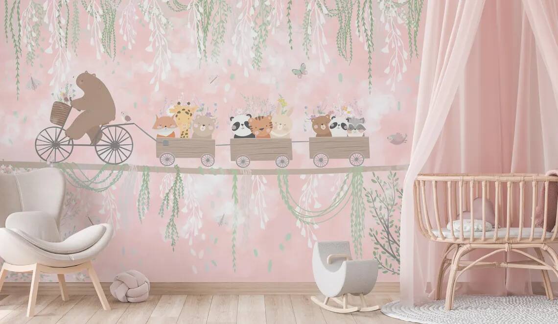 Nursery Kids Room Peel Stick Wallpaper Teddy Bear Cycling On Rope And Cute Animals In Wagon Soft Colors Vines Flowers Butterflies And Bird
