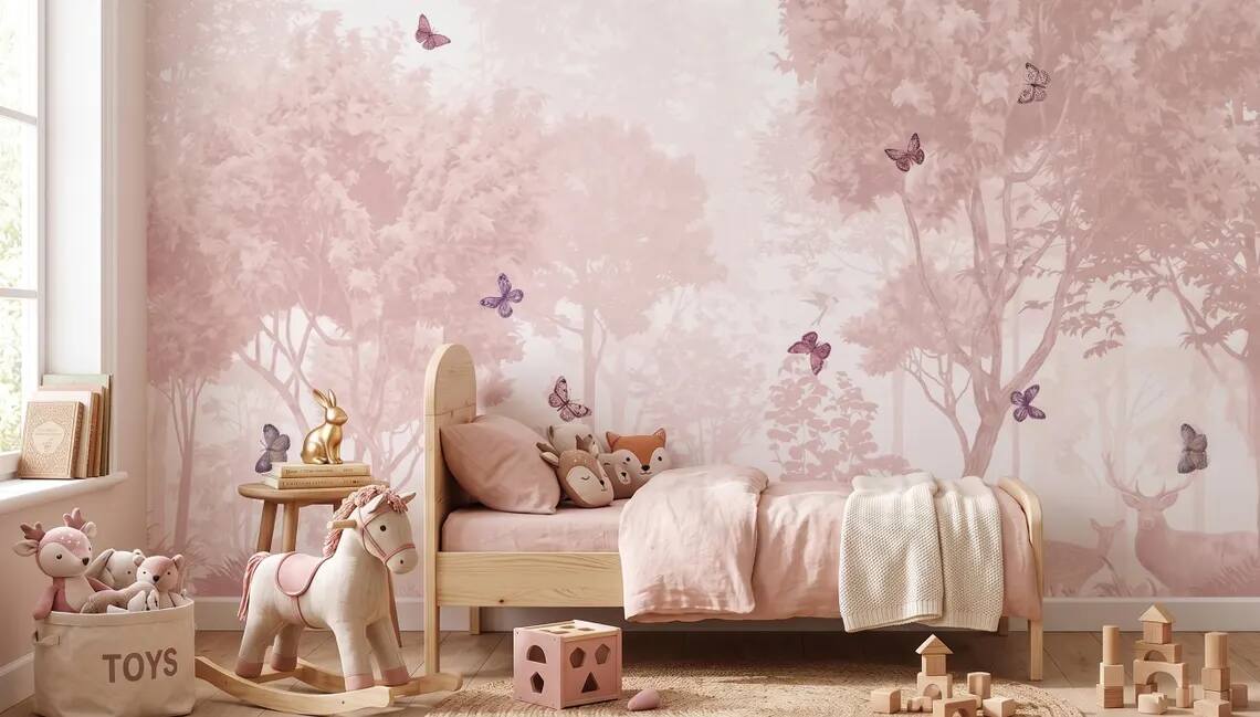 Pastel Butterfly Nursery Mural Soft Pink Scenic Wallpaper Peel And Stick