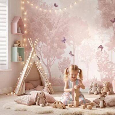 Pastel Butterfly Nursery Mural Soft Pink Scenic Wallpaper Peel And Stick