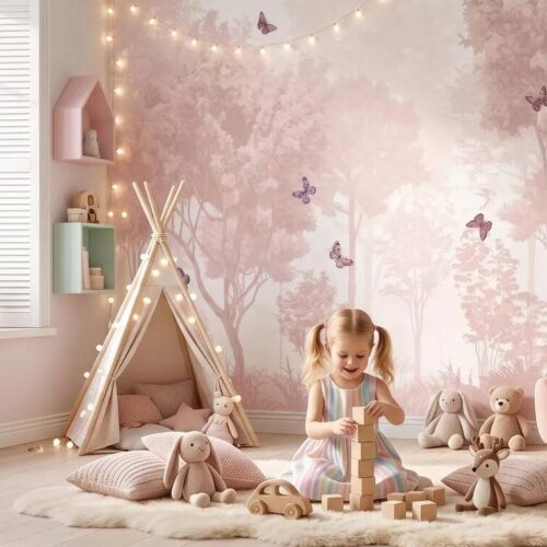 Pastel Butterfly Nursery Mural Soft Pink Scenic Wallpaper Peel And Stick