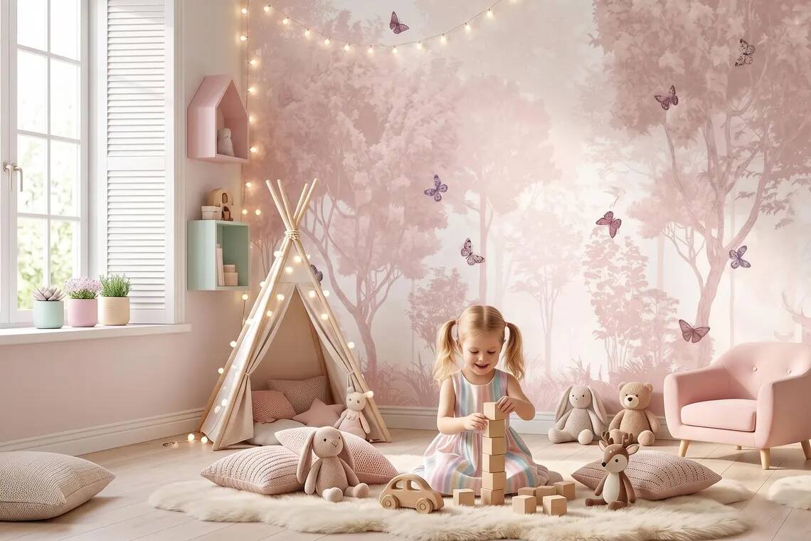 Pastel Butterfly Nursery Mural Soft Pink Scenic Wallpaper Peel And Stick