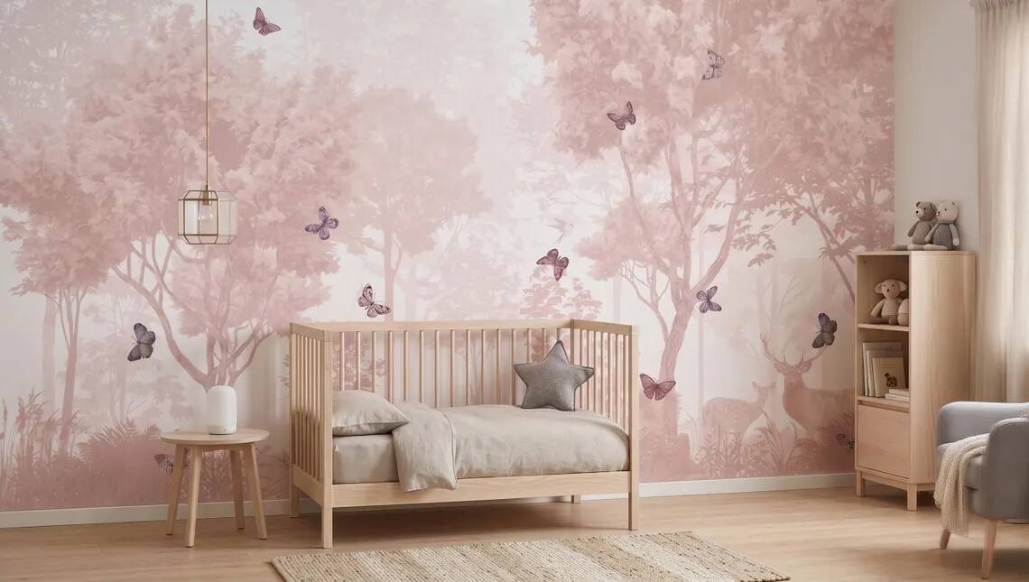 Pastel Butterfly Nursery Mural Soft Pink Scenic Wallpaper Peel And Stick