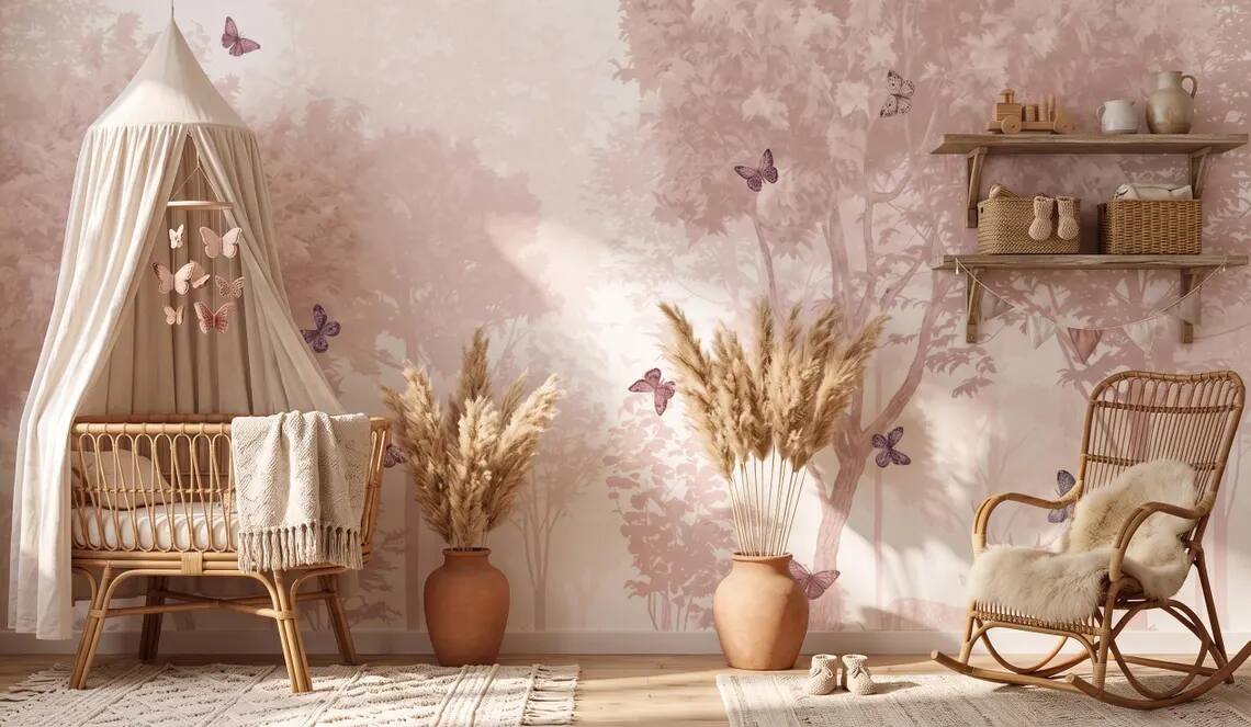 Pastel Butterfly Nursery Mural Soft Pink Scenic Wallpaper Peel And Stick