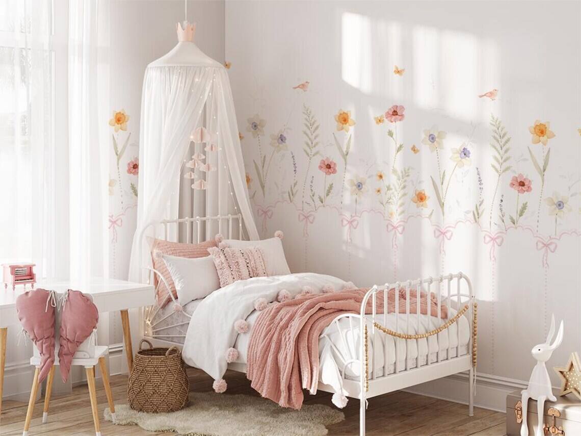 Pastel Floral Nursery Wall Decal Soft Boho Flower Mural Kids Room Decor