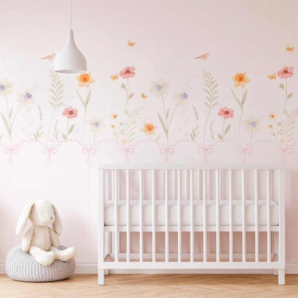 Pastel Floral Nursery Wall Decal Soft Boho Flower Mural Kids Room Decor