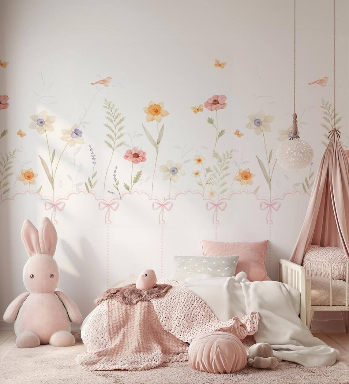 Pastel Floral Nursery Wall Decal Soft Boho Flower Mural Kids Room Decor