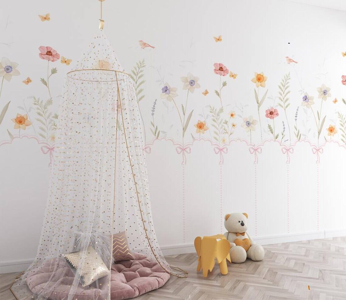Pastel Floral Nursery Wall Decal Soft Boho Flower Mural Kids Room Decor