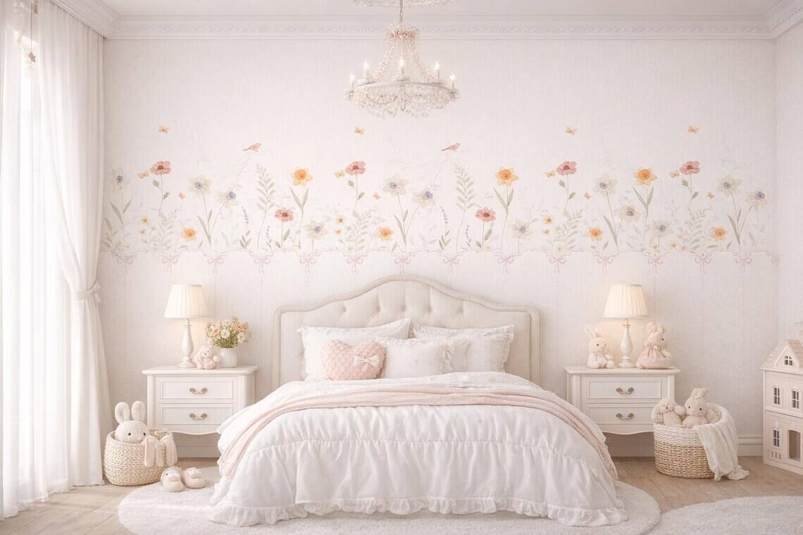Pastel Floral Nursery Wall Decal Soft Boho Flower Mural Kids Room Decor