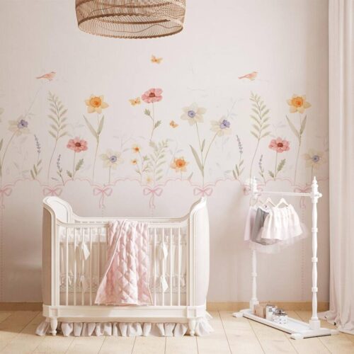 Pastel Floral Nursery Wall Decal Soft Boho Flower Mural Kids Room Decor