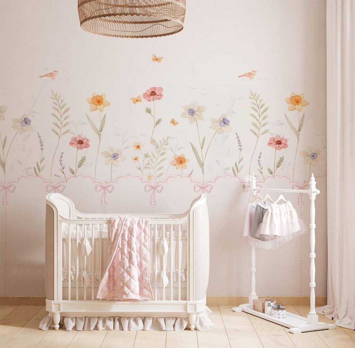 Pastel Floral Nursery Wall Decal Soft Boho Flower Mural Kids Room Decor