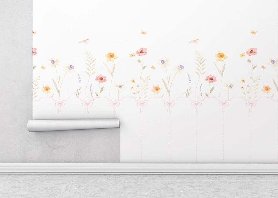 Pastel Floral Nursery Wall Decal Soft Boho Flower Mural Kids Room Decor