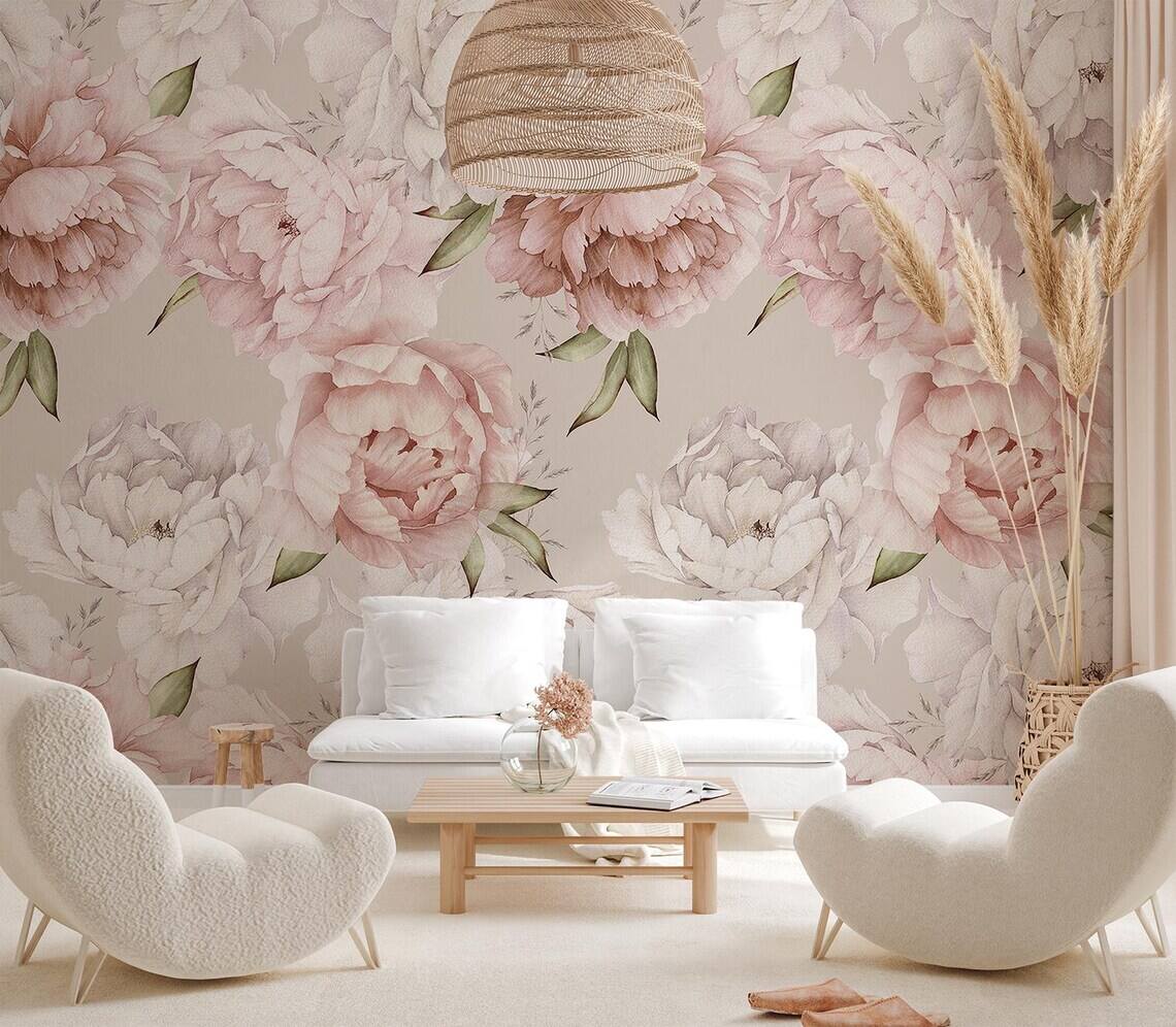 Pastel Peony Wallpaper Peel And Stick Watercolor Soft Floral Wall Mural Peonies Blossom Wallpaper