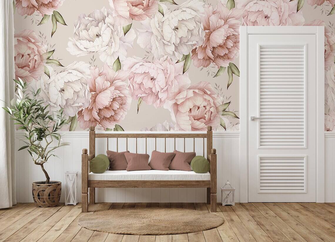 Pastel Peony Wallpaper Peel And Stick Watercolor Soft Floral Wall Mural Peonies Blossom Wallpaper