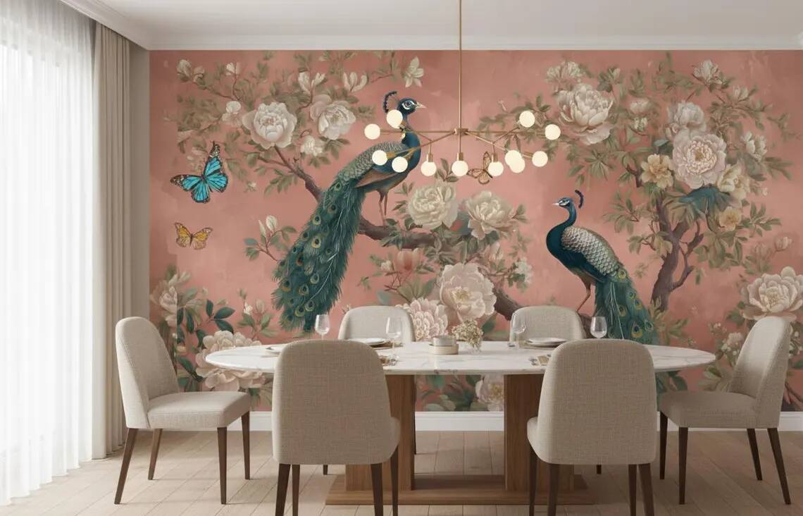 Peacock Wallpaper Peel And Stick Chinoiserie Floral Wall Mural