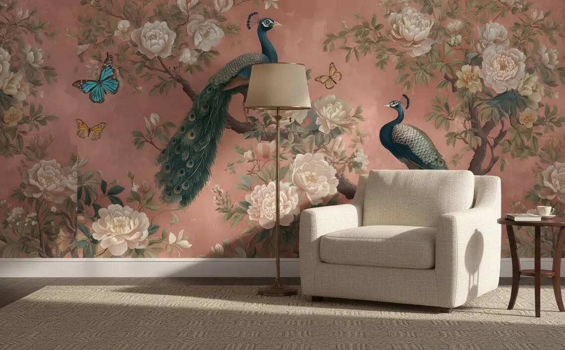 Peacock Wallpaper Peel And Stick Chinoiserie Floral Wall Mural