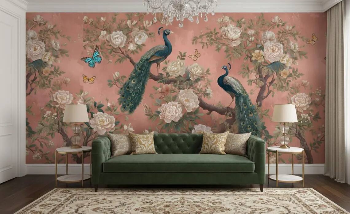 Peacock Wallpaper Peel And Stick Chinoiserie Floral Wall Mural