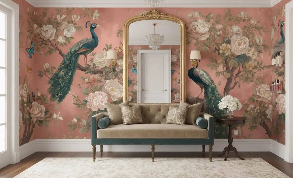 Peacock Wallpaper Peel And Stick Chinoiserie Floral Wall Mural