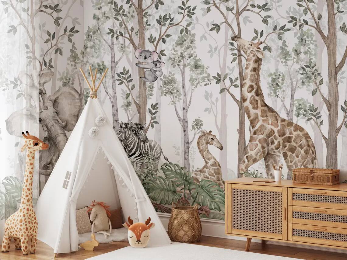 Peel Stick Wallpaper Cute Watercolor Design Of Jungle Friends Baby Elephant Zebra Giraffe And Koala Kids Or Baby Room Decoration