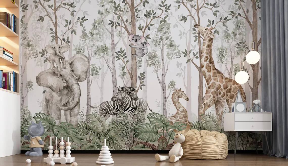 Peel Stick Wallpaper Cute Watercolor Design Of Jungle Friends Baby Elephant Zebra Giraffe And Koala Kids Or Baby Room Decoration