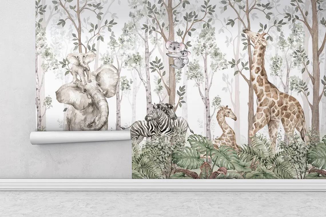 Peel Stick Wallpaper Cute Watercolor Design Of Jungle Friends Baby Elephant Zebra Giraffe And Koala Kids Or Baby Room Decoration